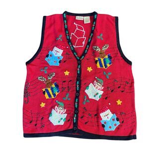Bobbie Brooks Christmas Vest XL Red Holiday Ugly Sweater Elves Carolers Vintage